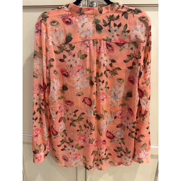 Kut from the Kloth Jasmine Chiffon Pink Floral Blouse Semi Sheer Roll Tab L 8-14 - Picture 4 of 4